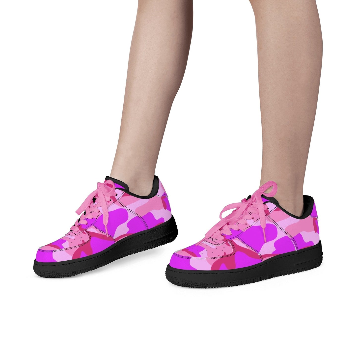 Pink Camo Womens Low Top Leather Sport Sneakers