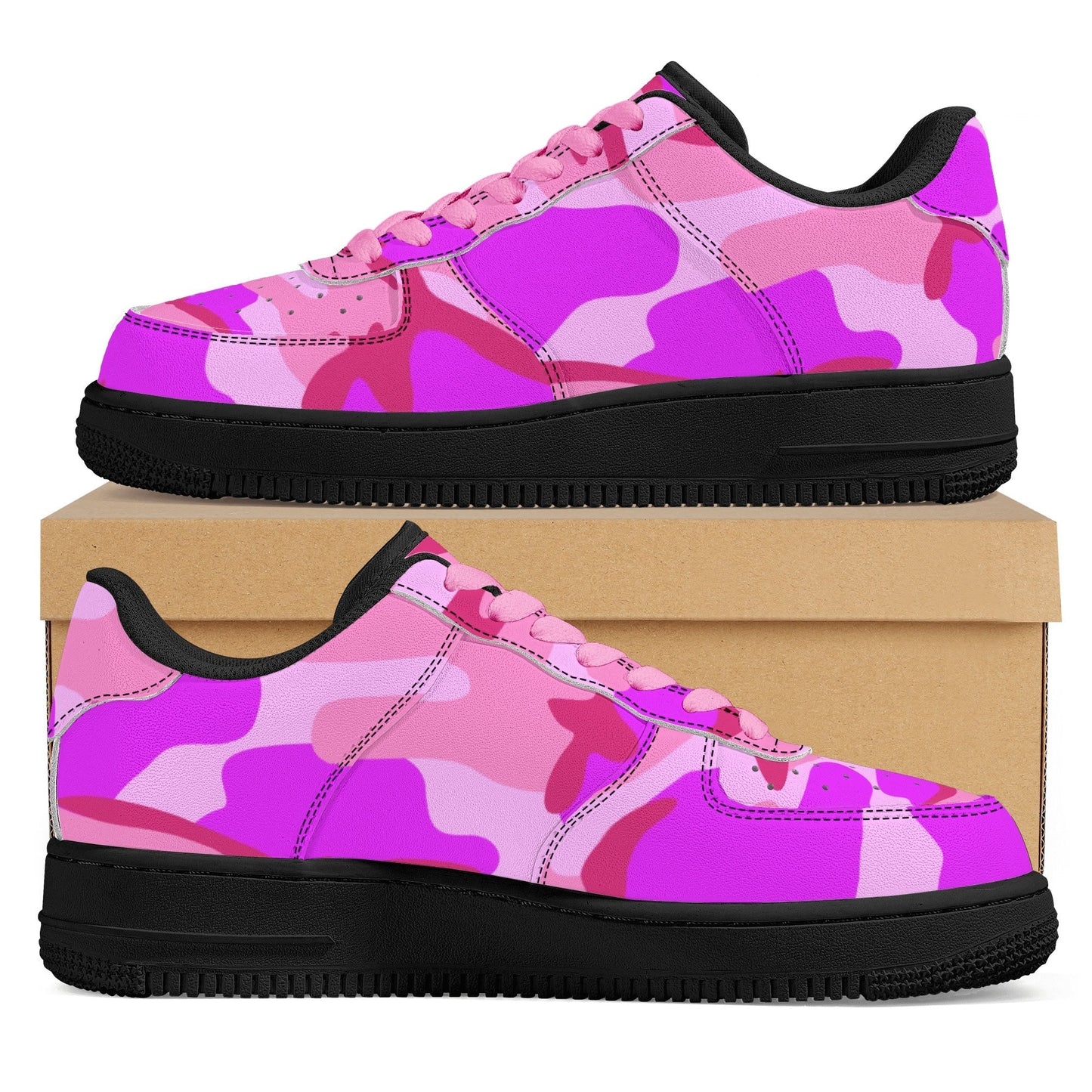 Pink Camo Womens Low Top Leather Sport Sneakers